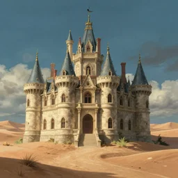 A victorian castle in the middle of the desert, in the style of ghibli