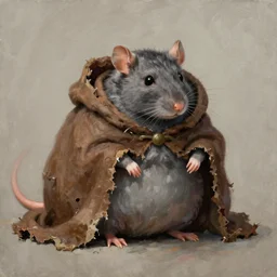 a obese gray sniveling rat person wearing a decaying brown cloak, color painting by jim burns