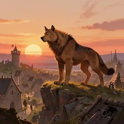 a beautiful artwork illustration, Fenrir standing over a medieval village at sunset, destruction, by Greg Rutkowski and Jesper Ejsing and Raymond Swanland, featured on artstation, wide angle, vertical orientation