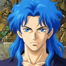 a anime portrait of a man with flaming blue hair, blue eyes, serious expression!! finely detailed features, sharp focus, perfect art, scenic background, intricate, anime, illustration, artstation, trending on pixiv fanbox, painted by greg rutkowski, studio ghibli, yoji shinkawa, hayao miyazaki,
