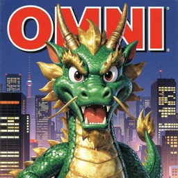 1979 OMNI Magazine Cover of a dragon smiling at the camera in neo-tokyo style by Vincent Di Fate