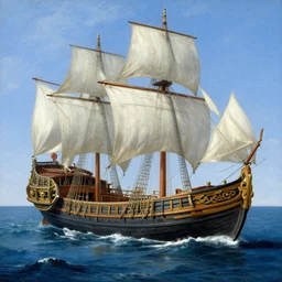 A realistic baroque painting of a huge detailled and well structured boat, on a blue ocean.
