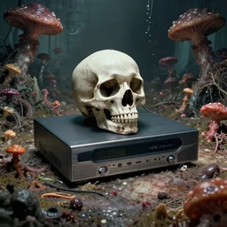 concept for cranial top loading vhs player for cranium in lifeless apartment fungal & filthy with impobables by mike ploog, alberto bontempi, shigeru komatsuzaki, wayne d barlowe, alex ross, enric torres, simon bisley & boris vallejo, hyper realism, cinematical, narrative light, muted colors, epic, hyper detailed,