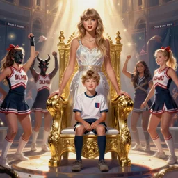 taylor swift standing next to young boy sitting in throne, cheerleader sacrificed to moloch in a ritual by jean moebius giraud, brian k. vaughan, chris ware, and christian ward, polished, smooth, clean, digital painting