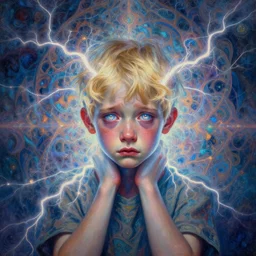 symmetrical visionary art by mandy jurgens, powerful eyes glowing highly detailed painting of deep sadness alone, young blonde boy spiritual portrait, fractal electricity surrounding him, expressive emotional sadness piece, symmetrical, trending on art station, abstract emotional sadness expression, very very very beautiful, fantasy digital art, highly detailed patterned visionary art, magical fantasy 2 d concept art, intricate detail