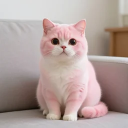 a anthropomorphic cat with pink fur sitting on a couch