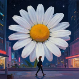 giant daisy flower head, woman walking in a modern city with neon, surreal photography, night, dark, stars, impressionist painting, digital painting, artstation, simon stalenhag