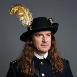 a portrait of a Scottish laird, wearing a balmoral bonnet with a golden eagle feather.