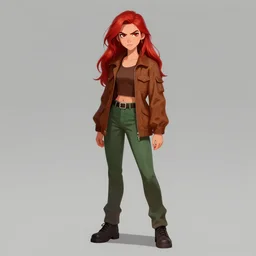 full-body shot of an attractive tomboy girl with long, crimson red hair and red eyes, wearing a brown, open jacket and green jeans with a stern look, concept art, character design, by Bill Medcalf