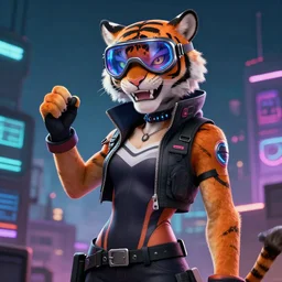 cyberpunk anthro tiger computer hacker spandex skater goggles cat person grinning netrunner tiger itsaunixsystem beastars