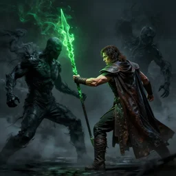 a man with a missing an arm holding a spear made entirely of green fire wearing a leather cloak fighting a bad guy made of black smoke, dramatic lighting, cinematic, establishing shot, extremely high detail, photo realistic, cinematic lighting, post processed, concept art, artstation, matte painting, style by eddie mendoza, raphael lacoste, alex ross