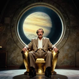 salvador dali as emperor sits on gold futuristic chair in front of huge central porthole in which venus planet is visible | still frame from the movie by alejandro jodorowsky with cinematogrophy of christopher doyle and art direction by hans giger from the movie sunshine, anamorphic lens, kodakchrome, 8 k
