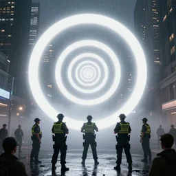 policemen protecting a huge spiral - shaped bright white luminous attractor right in the center of the city from protesting people,, rain and light fog, professional lighting, concept art in 3 d, high detail, professional lighting, unreal engine
