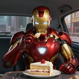 An epic fantasy comic book style portrait painting of Ironman eating a delicious cake inside a car , unreal 5, DAZ, hyperrealistic, octane render, RPG portrait, dynamic lighting