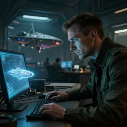 closeup of an enemy state spy leaning towards his desk to look at a spaceship hologram at the office with the futuristic shanghai spaceship hangar in the background, busy, dark, cyberpunk, moody, ambient lighting, syd mead, artgerm, artstation, octane render