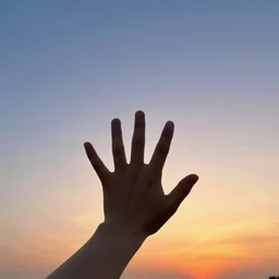 A hand reaching out and pointing to the sky, first person perspective, wide angle, pretty sky at sunset, digital art painting