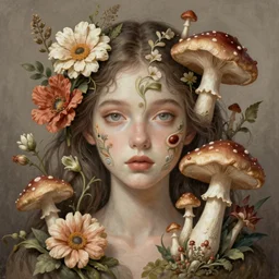 Portrait of a girl surrounded by flowers and morphing into mushrooms, face, fantasy, intricate, elegant, highly detailed, digital painting, artstation, concept art, smooth, sharp focus, illustration, art by Fernanda Suarez and Artem Demura and alphonse mucha