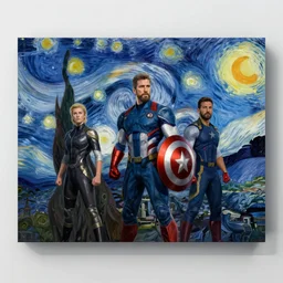 the avengers posing in a starry night style painting