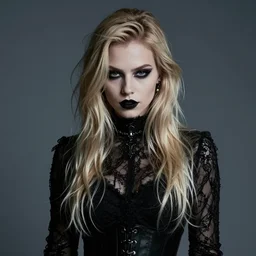 modeling photograph kerli koiv, blonde, beautiful, dark, mysterious, bubble goth, detailed face, half body shot