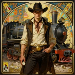 a dramatic ethereal epic symmetrical painting of a handsome villainous cowboy standing in front of a steam train locomotive his shirt is unbuttoned and he has a pocketwatch tarot card art deco art nouveau ( steampunk ) homoerotic realistic by louis comfort tiffany and alphonse mucha trending on artstation