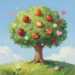 a whimsical painting of a whimsical apple tree with apples and hearts and  flowers on a small hill, painted by Lilia Alvarado, trending on artstation,
