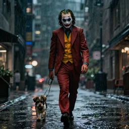 joker walking in the rain, night life buildings, accompanied by small puppy dog in the background walking, sad mood, low angle, realistic, intricate, detailed, 4 k, 8 k, wallpaper, octane render, unreal engine, global illumination, ray tracing,
