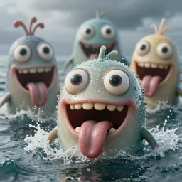 of a stormy ocean with strange cute friendly happy creatures with huge eyes, mouth, long tongue, round teeth and goofy face, appearing from the background, in the style of gehry and gaudi, macro lens, shallow depth of field, ultra detailed, digital painting, trending artstation, concept art, illustration, cinematic lighting, photorealism, epic, octane render