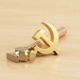 golden hammer and sickle on a wooden table, dslr photo