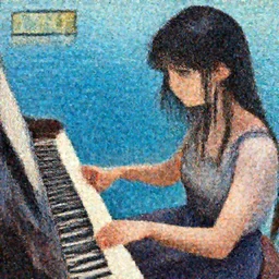 Anime girl playing piano on blue water, digital painting, lots de details, detailed, 4k