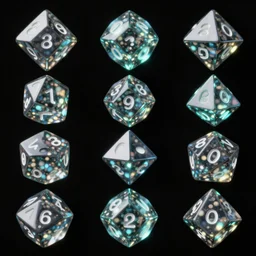 sprite sheet of glowing polyhedral dice on black background, Highly detailed, photograph, realistic