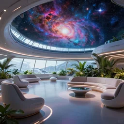 ultra modern concept design of a vast spaceship interior, futuristic chairs and sofas can be seen in the foreground, a large colorful nebula can be seen from a window, large plants in the background, in the style of Guardians of the Galaxy and Blade Runner and Ruan Jia, wide angle shot C 7.0