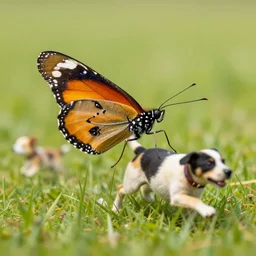 A multicolored butterfly in a field, being chased by a dog, photo realistic
