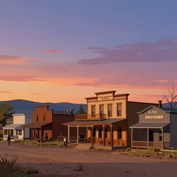 a western town at sunset illustration of a picture of a western town at sunset royalty, a digital rendering by Studio Ghibli, shutterstock contest winner, ashcan school, 2d game art, playstation 5 screenshot, matte drawing