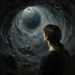 she peers into the abyss, and sees the abyss looking back at her, powerful painting by beksinski and john harris and greg rutkowski, dramatic lighting, smooth, sharp details, intricate, sad