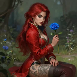 red jacket tattooed attractive girl sits on a garden holding a blue rose, deep focus, turnaround, fantasy, intricate, elegant, highly detailed, digital painting, artstation, concept art, matte, sharp focus, illustration, hearthstone, art by artgerm and laura h. rubin.