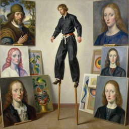 painter with canvasses walking on stilts in the age of mechanical germination. painting by bruegel, monet, agnes pelton, max ernst, rene magritte,