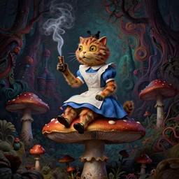 dark fantasy, 4 k, textured 3 d, intense detail, psychedelic, alice in wonderland, smoking caterpillar sitting on large mushroom, amazing background, alex grey style