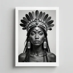 a print of a woman with a headdress, dark vibe, esoteric, monochrome