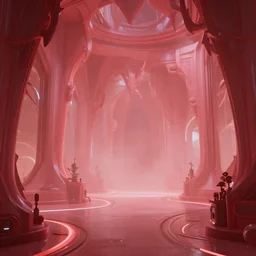 satanic sci-fi interior, style of Marco Mazzoni, red pastel colors, futuristic demonic style, depth of field, dynamic cinematic lighting, haze, interior design with soft lighting, extremely detailed, hyperrealistism, mirrors, reflections, ambient occlusion, rendered in octane render, architectural visualization with a lot of detail, volumetric lighting, 8k, unreal engine