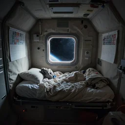 interior view of a spacepod bed, small window to see space, tight space, clausterphobic, messy blankets and calendar on wall, wide angle, dim lighting, muted colors, by greg rutkowski makoto shinkai takashi takeuchi