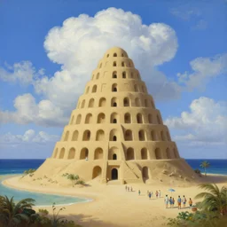 escher sand building with a small crowd outside on a tropical island, fluffy clouds, blue sky by magritte and de chirico, surreal oil painting, hyper detailed, masterpiece 4 k