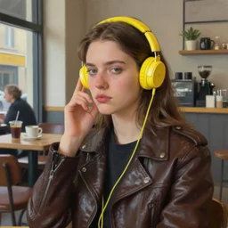 young adult woman in a coffee shop wearing bright yellow headphones and a leather jacket looking unamused, natural light, oil painting