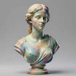 3D print resin sculpture of Emma Watson by Jean-Baptiste Carpeaux and Luo Li Rong and Michael Wilkinson, beautiful  body, perfect symmetrical face, colorful, fresh colors, half length shot, elegant, academic art, realistic, 8K, Product Introduction Photo, Hyperrealism. Subsurface scattering, raytracing, soft light, Octane Render, Redshift, Zbrush, simple background
