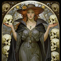 a beautiful female necromancer surrounded by skulls by Alphonse Mucha