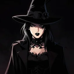 cell shaded, portrait of a woman magician, dark background, dramatic bold lighting, solid colors, detailed, solid blacks, line art, dark shadows, sharp edges, artstation, photoshop, trending, grunge, high contrast, octane render, comic, graphic novel, dark background, digital 2 d, artstation