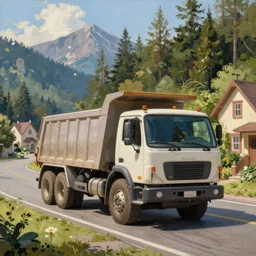 classic oil painting, a dump truck driving on a forested mountain highway, as a dnd character, on a sunny populated suburban street, cottagecore, highly detailed, digital illustration, concept art, smooth, sharp focus, art by greg hildebrandt, and tim hildebrandt