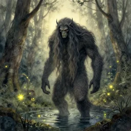 monster with very long hair standing in a forest pond, fireflies flying. watercolor fairytale art, russian romanticism, muted palette, intricate details, backlighting