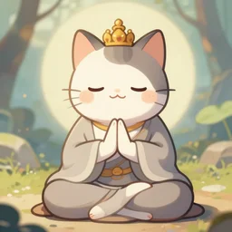 contented peaceful interdimensional cat!! bodhisattva, praying meditating, cute, detailed, whimsical, digital art artstation trending