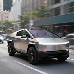 tesla cybertruck driving in a city