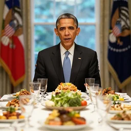 photo of obama at a dinner table with piles of food